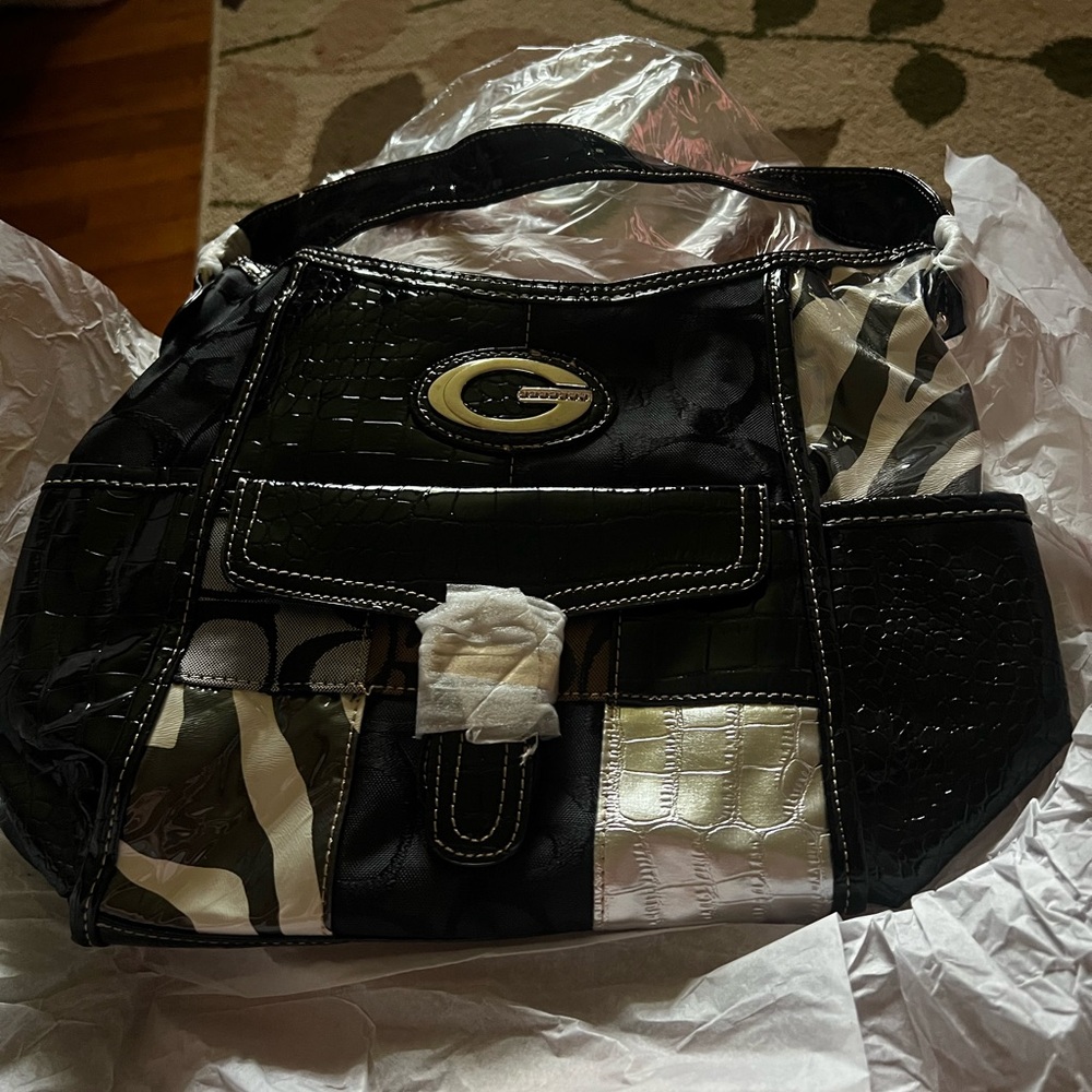 Black and White Shoulder Bag with Glossy Finish